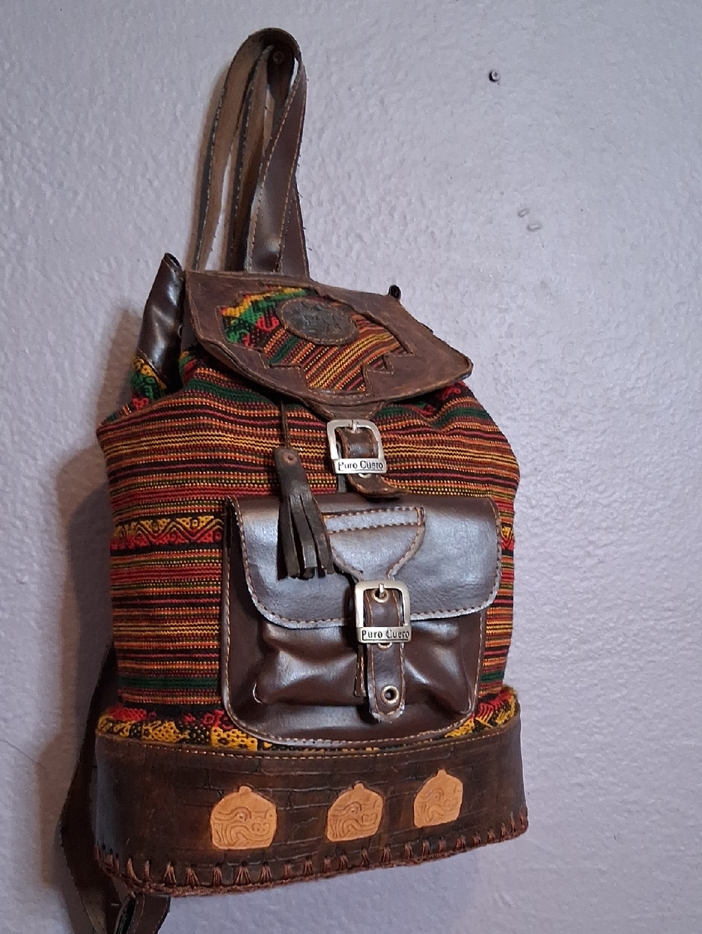 Brown Leather & Multicolor Woven Backpack